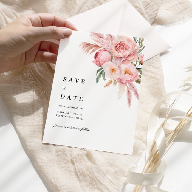 Invitación Boho Pink Flowers Pampas Grass Save the Date V.2 (Subido por el creador)