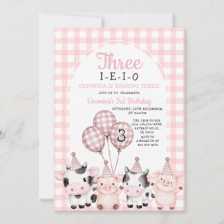 Invitación Boho Pink Girl Three-I-E-I-O Birthday farm animal 