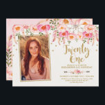 Invitación Boho Pink Gold Floral Dreamcatcher 21 cumpleaños<br><div class="desc">Invitación de 21 años con magníficos adornos florales de color rosa y azul,  adornos florales y confetti de oro falso</div>