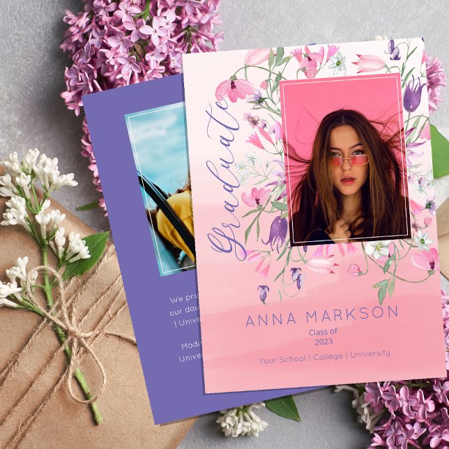 Invitación Boho Pink | Graduado de Morado de Flores Silvestre (Subido por el creador)