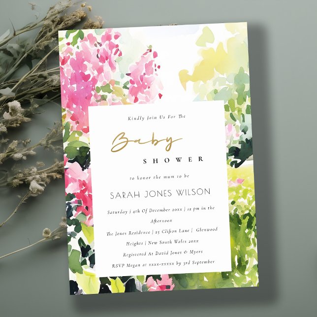 Invitación Boho Pink Green Tropical Bougainvillea Baby Shower (Subido por el creador)