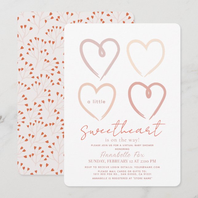 Invitación Boho Pink Hearts Slove Virtual Baby Shower (Anverso / Reverso)