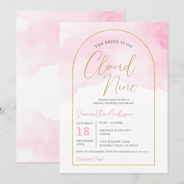 Invitación Boho Pink La novia está en Nueve nubes de duchas n (Anverso / Reverso)