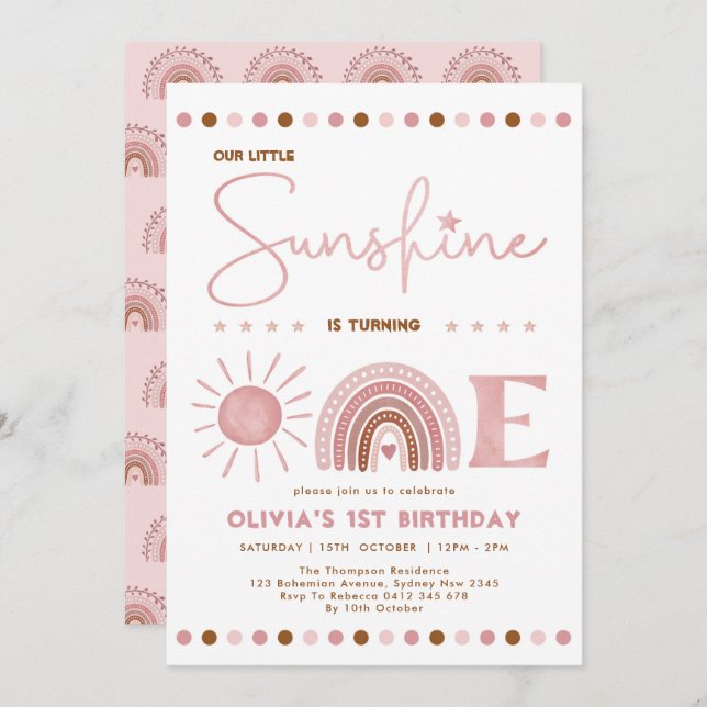Invitación Boho Pink Little Sunshine Chica Rainbow Cumpleaños (Anverso / Reverso)