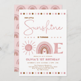 Invitación Boho Pink Little Sunshine Chica Rainbow Cumpleaños