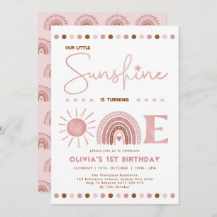 Invitación Boho Pink Little Sunshine Chica Rainbow Cumpleaños