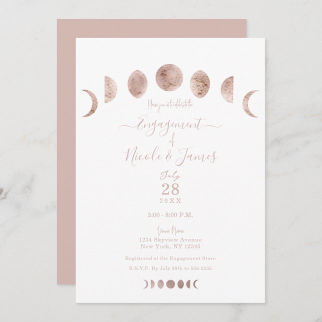 Invitación Boho Pink Moon Phases Moderno Mínimo Compromiso (Anverso / Reverso)