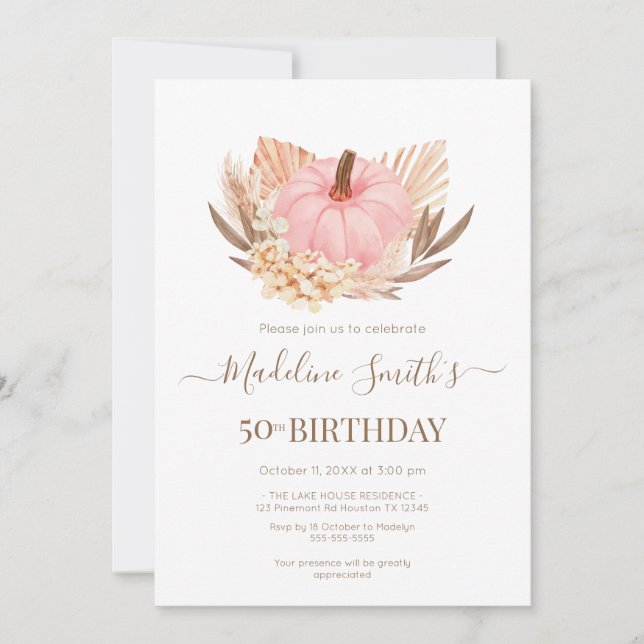 Invitación Boho Pink Pampas Grass Pumpkin Birthday (Anverso)