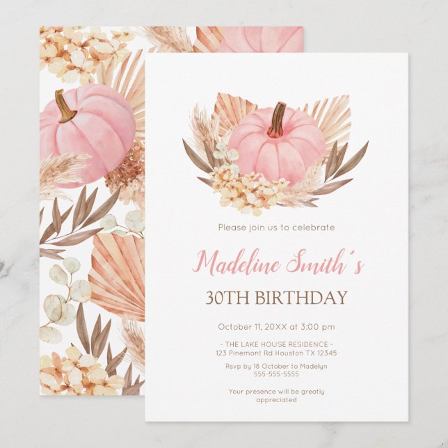 Invitación Boho Pink Pampas Grass Pumpkin Birthday (Anverso / Reverso)