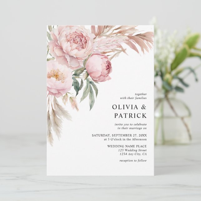 Invitación Boho Pink Peonies & Pampas Grass Floral Boda (Anverso de pie)
