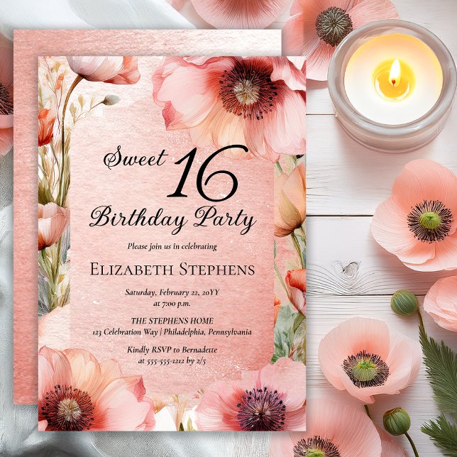 Invitación Boho Pink Poppies Floral Dulces 16 Cumpleaños Fies (Elegant Pink Poppies Floral Sweet 16 Birthday Party Invitation - Print | Digital Download)