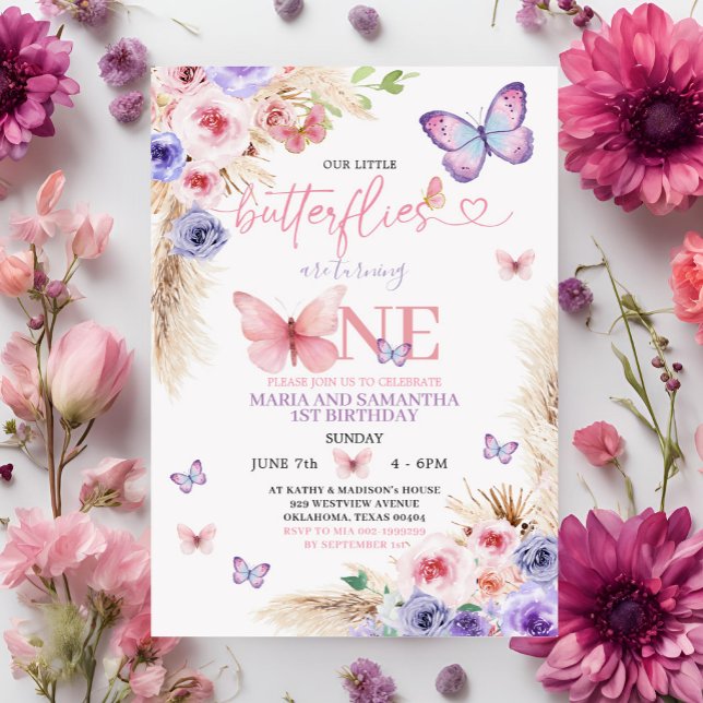 Invitación Boho Pink Purple Butterfly 1er cumpleaños Floral (Subido por el creador)