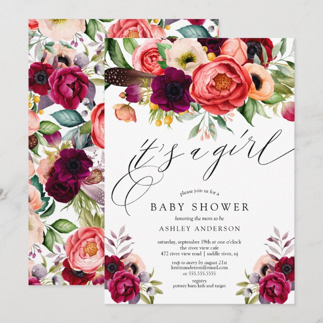 Invitación Boho Pink Purple Floral es un Baby Shower Chica (Anverso / Reverso)