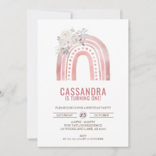 Invitación Boho Pink Rainbow Birthday, Rosas 1er cumpleaños