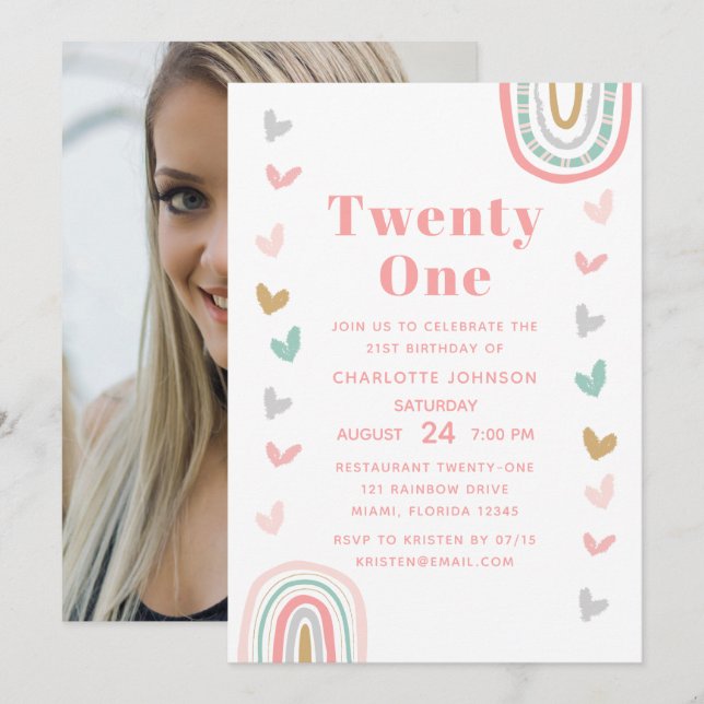Invitación Boho Pink Rainbow Modern 21st Birthday Fiesta (Anverso / Reverso)