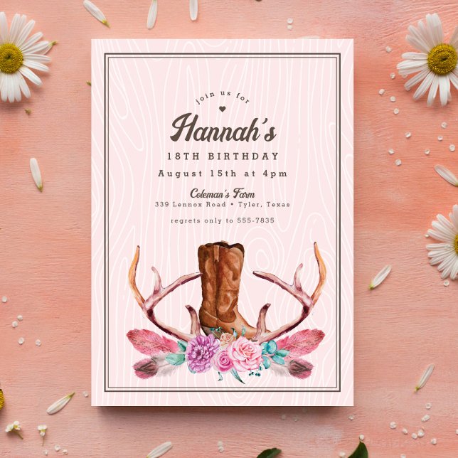 Invitación Boho Pink Rustic Cowgirl Boot Cumpleaños (Subido por el creador)