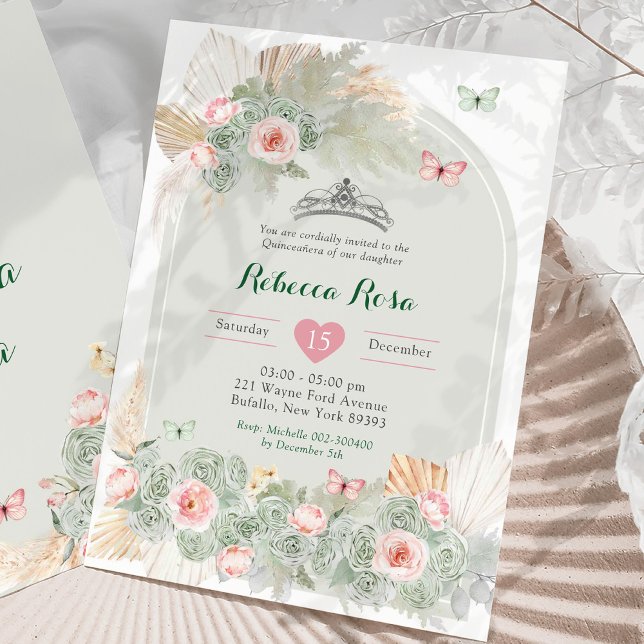 Invitación Boho Pink Sage Green Crown Royal Quinceañera (Subido por el creador)