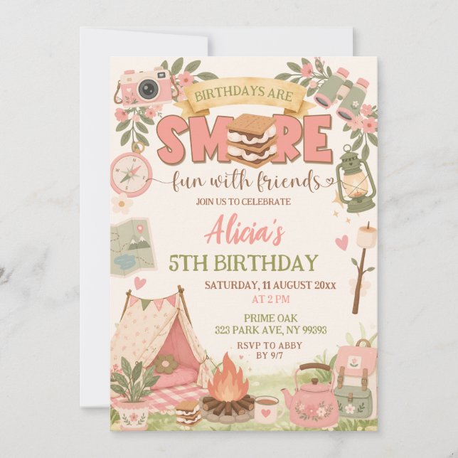 Invitación Boho Pink Smore Diversión Con Amigos Cumpleaños (Anverso)