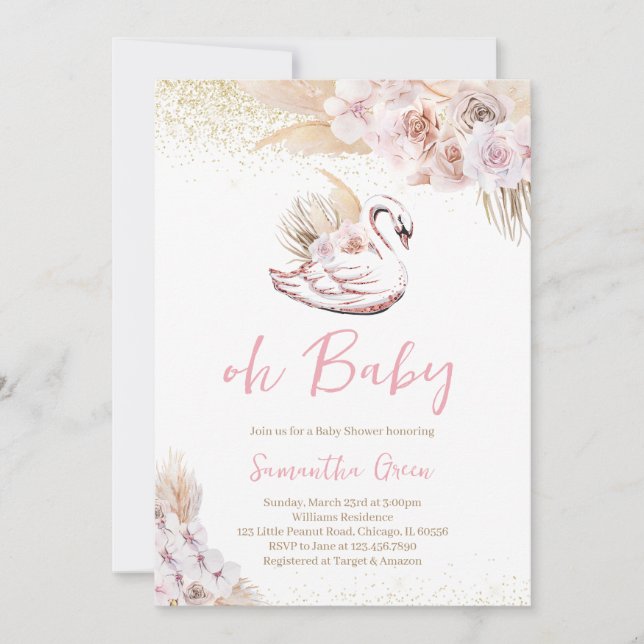 Invitación Boho Pink Swan Baby Shower (Anverso)