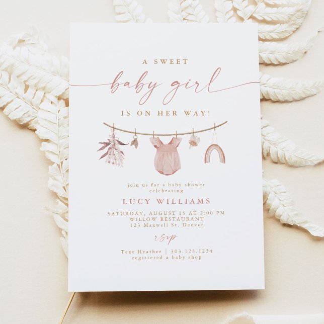 Invitación Boho Pink Sweet Baby Clothesline Baby Shower (Subido por el creador)