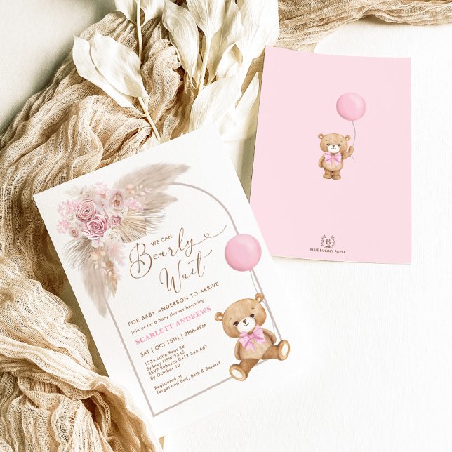Invitación Boho Pink Teddy Bear Balón Pampas Niña (Subido por el creador)