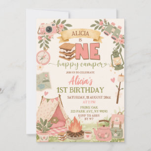 Invitación Boho Pink Un Feliz Campista Primer Cumpleaños