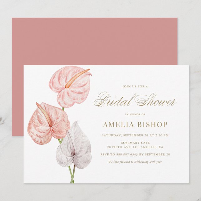 Invitación Boho Pink Watercolor Anthuriums Gold Bridal Shower (Anverso / Reverso)