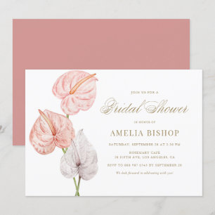 Invitación Boho Pink Watercolor Anthuriums Gold Bridal Shower