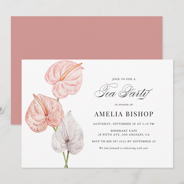 Invitación Boho Pink Watercolor Anthuriums Tea Fiesta (Anverso / Reverso)
