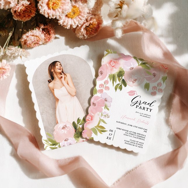 Invitación Boho Pink Watercolor Floral Photo Graduation Party (Boho Pink Watercolor Floral Photo Graduation Party Invitation)