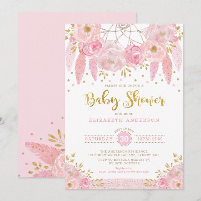 Invitación Boho Pink y Gold Dreamcatcher Floral Baby Shower (Anverso / Reverso)