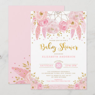 Invitación Boho Pink y Gold Dreamcatcher Floral Baby Shower