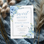 Invitación Boho plata geométrica azul floral dulce dieciséis<br><div class="desc">Invitación para 16 dulces florales de color azul geométrico de plata de Boho,  Contáctenme para artículos coincidentes o para personalización,  Rosas de Rubor ©</div>