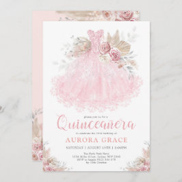Invitación Boho Plata Rosa Quinceañera Fiesta Ball Gown
