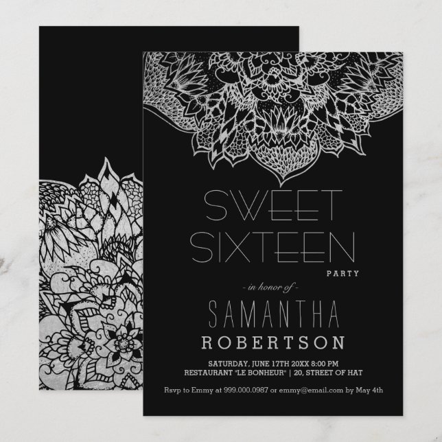 Invitación Boho plateado mandala floral Sweet 16 fiesta (Anverso / Reverso)