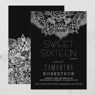 Invitación Boho plateado mandala floral Sweet 16 fiesta