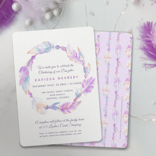 Invitación Boho plumas acuarela color púrpura