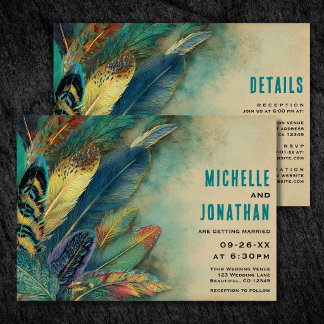 Invitación Boho Plumas | Turquesa Verde Todos en Uno Boda
