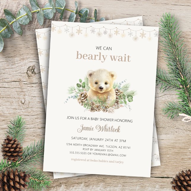 Invitación Boho Podemos Esperar A Baby Shower De Invierno (Elegant cream and beige gender neutral we can bearly wait christmas winter baby shower invitation)