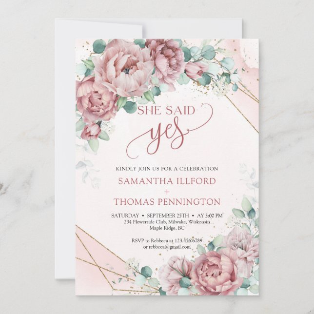 Invitación Boho polsty pink peonies eucalyptus dijo que sí en (Anverso)