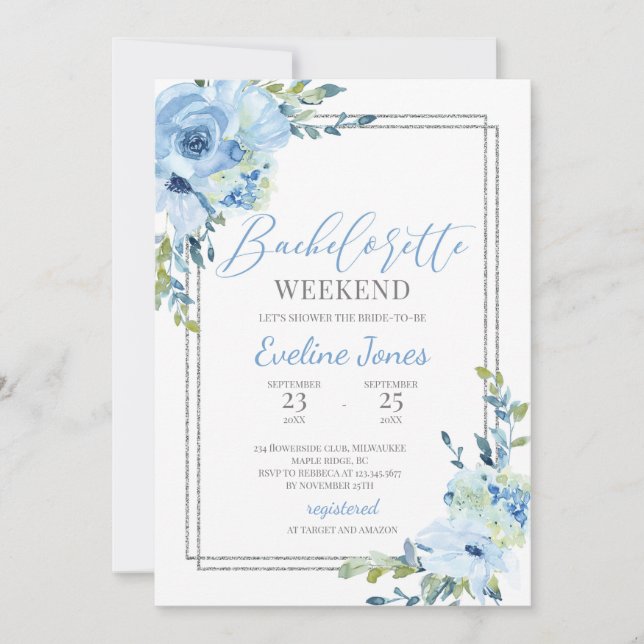 Invitación Boho polvoriento azul floral marco plateado solter (Anverso)