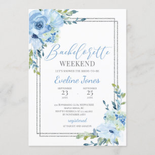 Invitación Boho polvoriento azul floral marco plateado solter