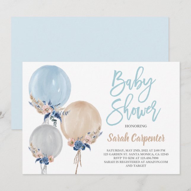 Invitación Boho polvoriento bebé azul Ducha globo niño (Anverso / Reverso)