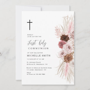 Invitación boho polvoriento rosa floral primera comunión
