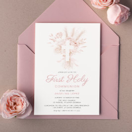 Invitación boho polvoriento rosa floral primera comunión