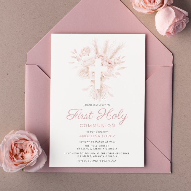 Invitación boho polvoriento rosa floral primera comunión (Subido por el creador)
