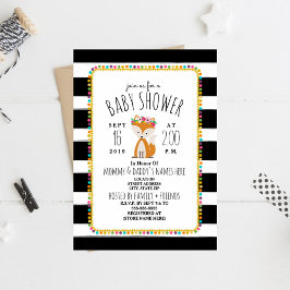 Invitación Boho Pom Poms + Stripes Fox Baby Shower