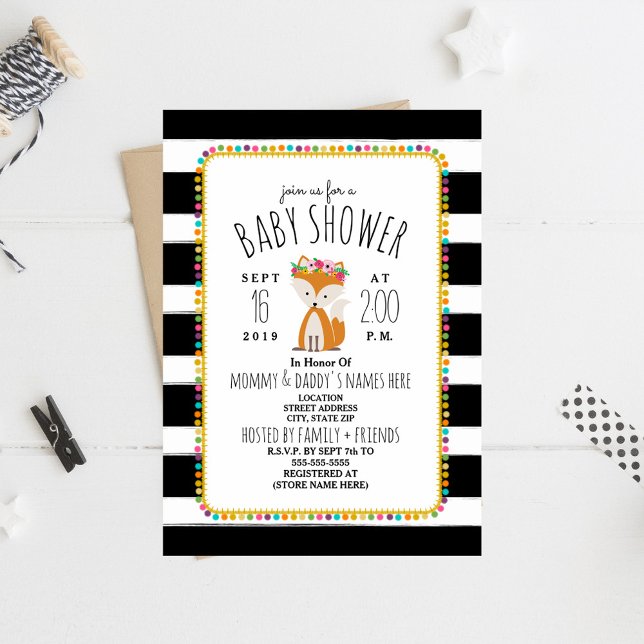 Invitación Boho Pom Poms + Stripes Fox Baby Shower (Subido por el creador)