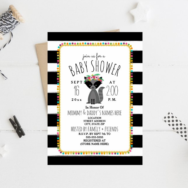 Invitación Boho Pom Poms + Stripes Raccoon Baby Shower (Subido por el creador)