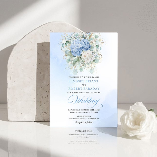 Invitación Boho Powder Blue Hydrangea Gold Floral Wedding  (Boho Powder Blue Hydrangea Gold Floral Wedding Invite)